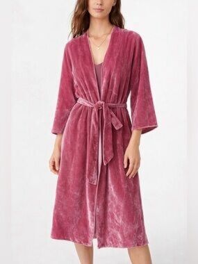 Garnet Hill Rayon/Silk Blend Velvet Belted Robe Duster Lounge Robe Size S, pink